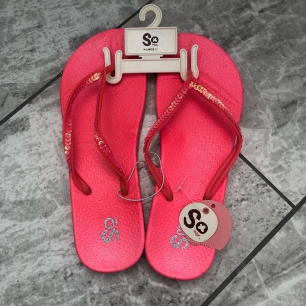 SO Coral Pink Sequin Strap Flip Flops